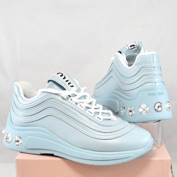 NIB$950 Miu Miu Crystal-Embellished Leather Chunky Sole Low-Top Sneakers 38/38.5 - Picture 3 of 16